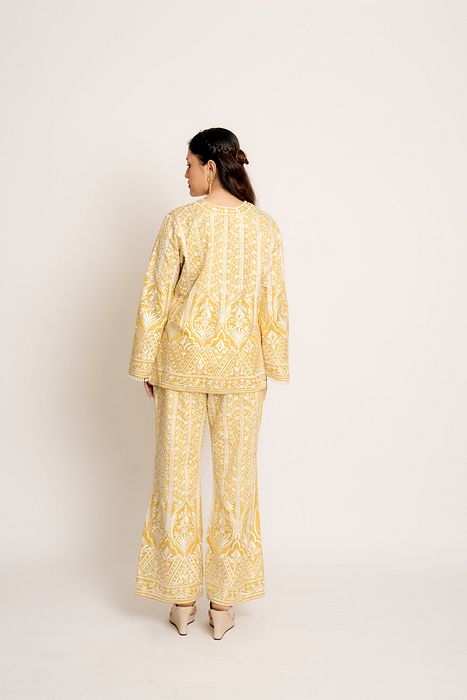 A model showcasing Daffodil Yellow Aisha Twin Set by Ashtar from Ashtar's collection