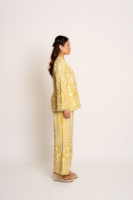 A model showcasing Daffodil Yellow Aisha Twin Set by Ashtar from Ashtar's collection