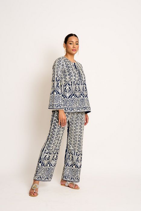 A model showcasing Prussian Blue Aisha Twin Set by Ashtar from Ashtar's collection