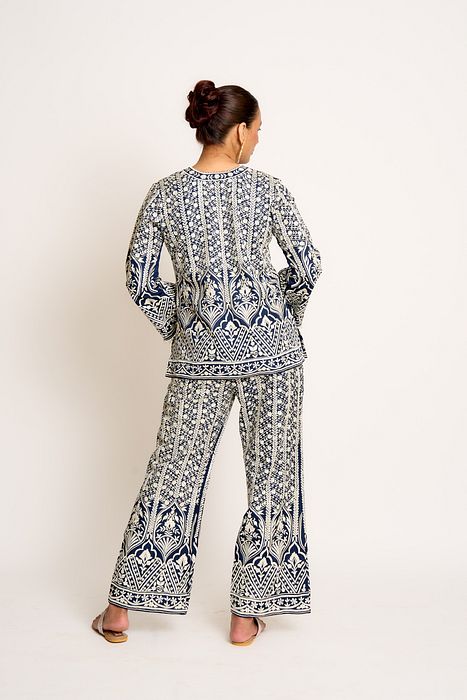 A model showcasing Prussian Blue Aisha Twin Set by Ashtar from Ashtar's collection