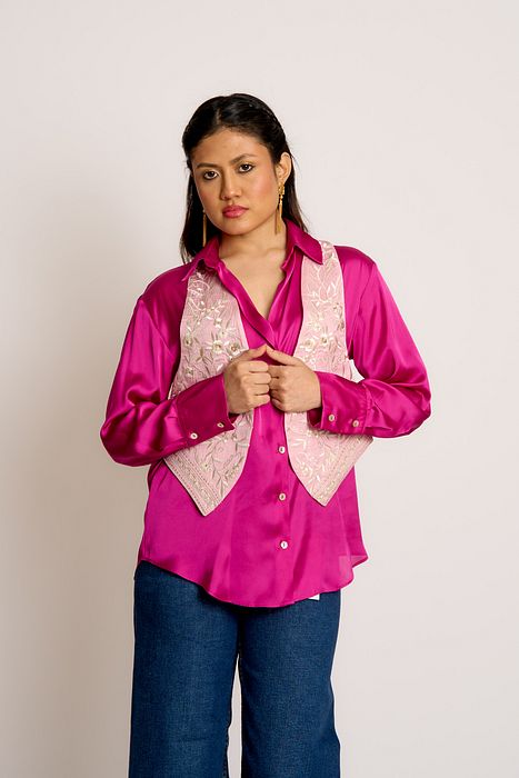 A model showcasing Light And Dark Pink Kalki Reversible Waistcoat by Ashtar from Ashtar's collection