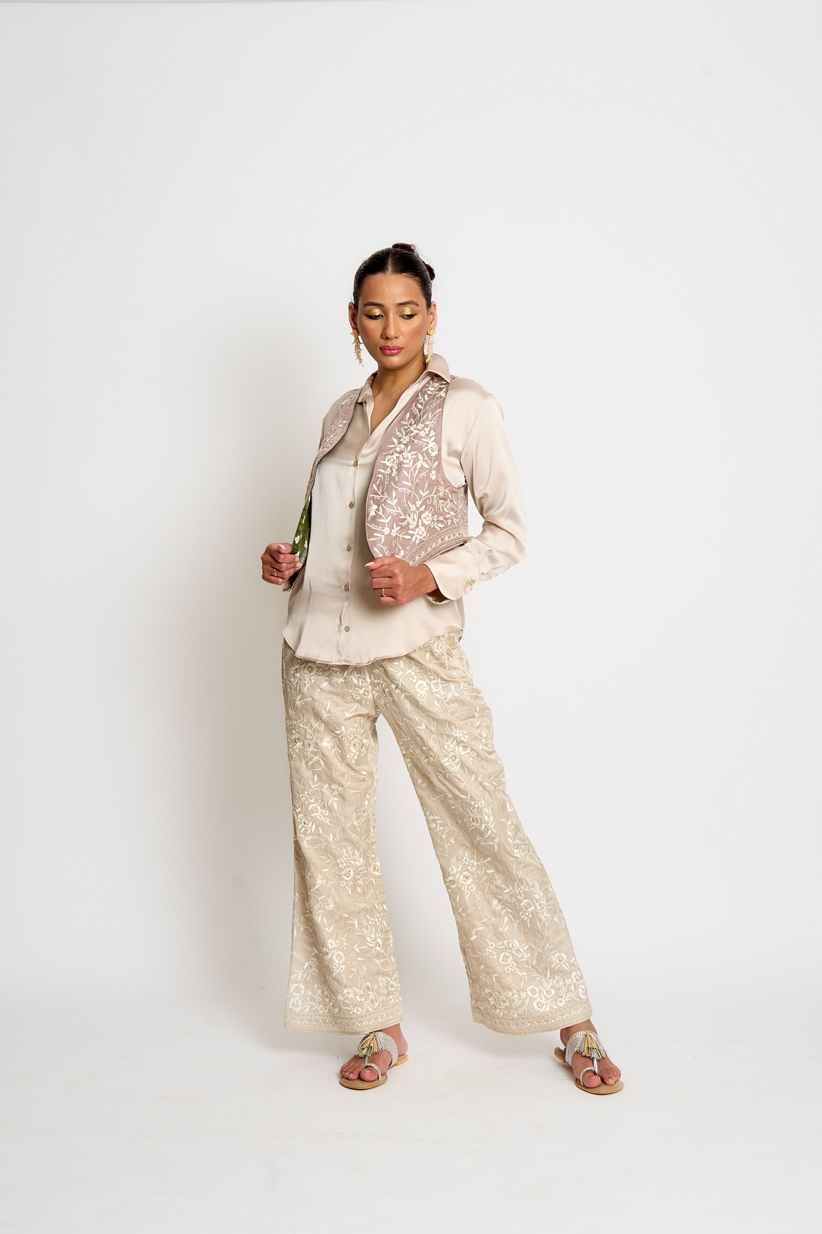 A model showcasing Khaki And Taupe Kalki Reversible Waistcoat Feature image by Ashtar from Ashtar's collection