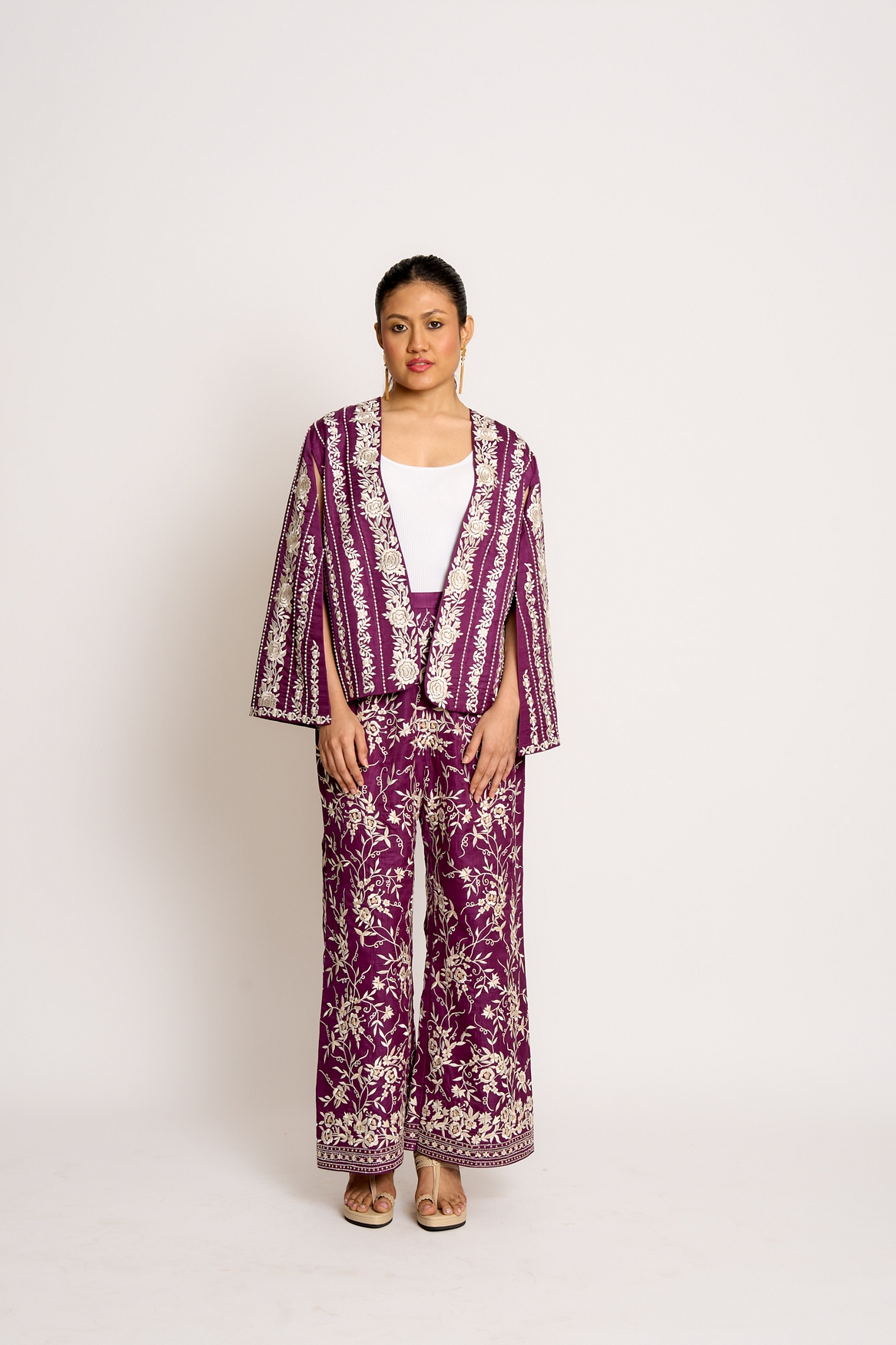 A model showcasing Lollipop Purple Giro Cape And Pants Set Feature image by Ashtar from Ashtar's collection