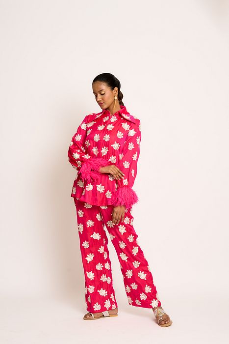 A model showcasing Rani Pink Shehnaaz Twin Set by Ashtar from Ashtar's collection