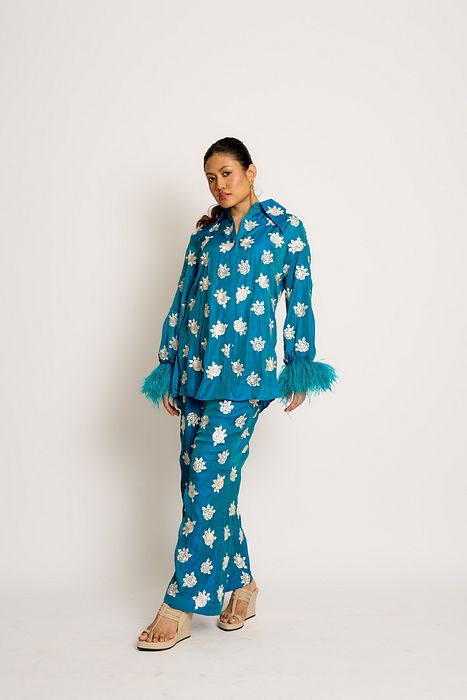 A model showcasing Peacock Blue Shehnaaz Twin Set by Ashtar from Ashtar's collection