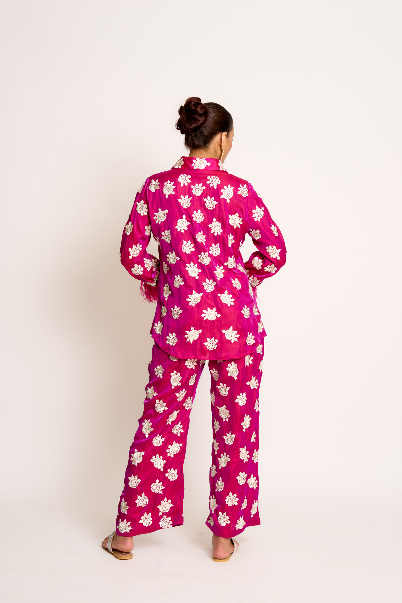 A model showcasing Orchid Purple Shehnaaz Twin Set by Ashtar from Ashtar's collection
