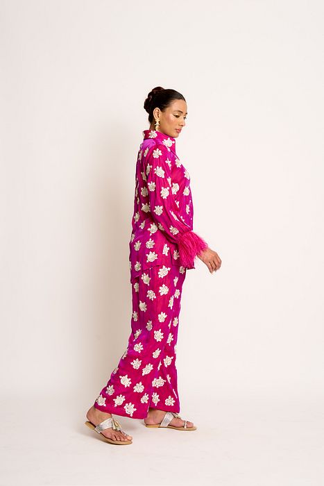 A model showcasing Orchid Purple Shehnaaz Twin Set by Ashtar from Ashtar's collection