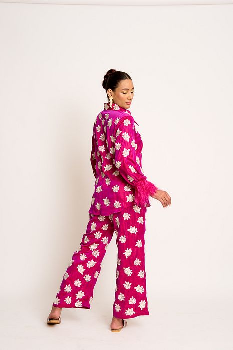 A model showcasing Orchid Purple Shehnaaz Twin Set by Ashtar from Ashtar's collection