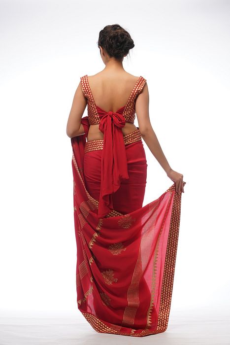 A model showcasing Half Half Crepe Saree by Shruti S Label from Shruti S Label's collection