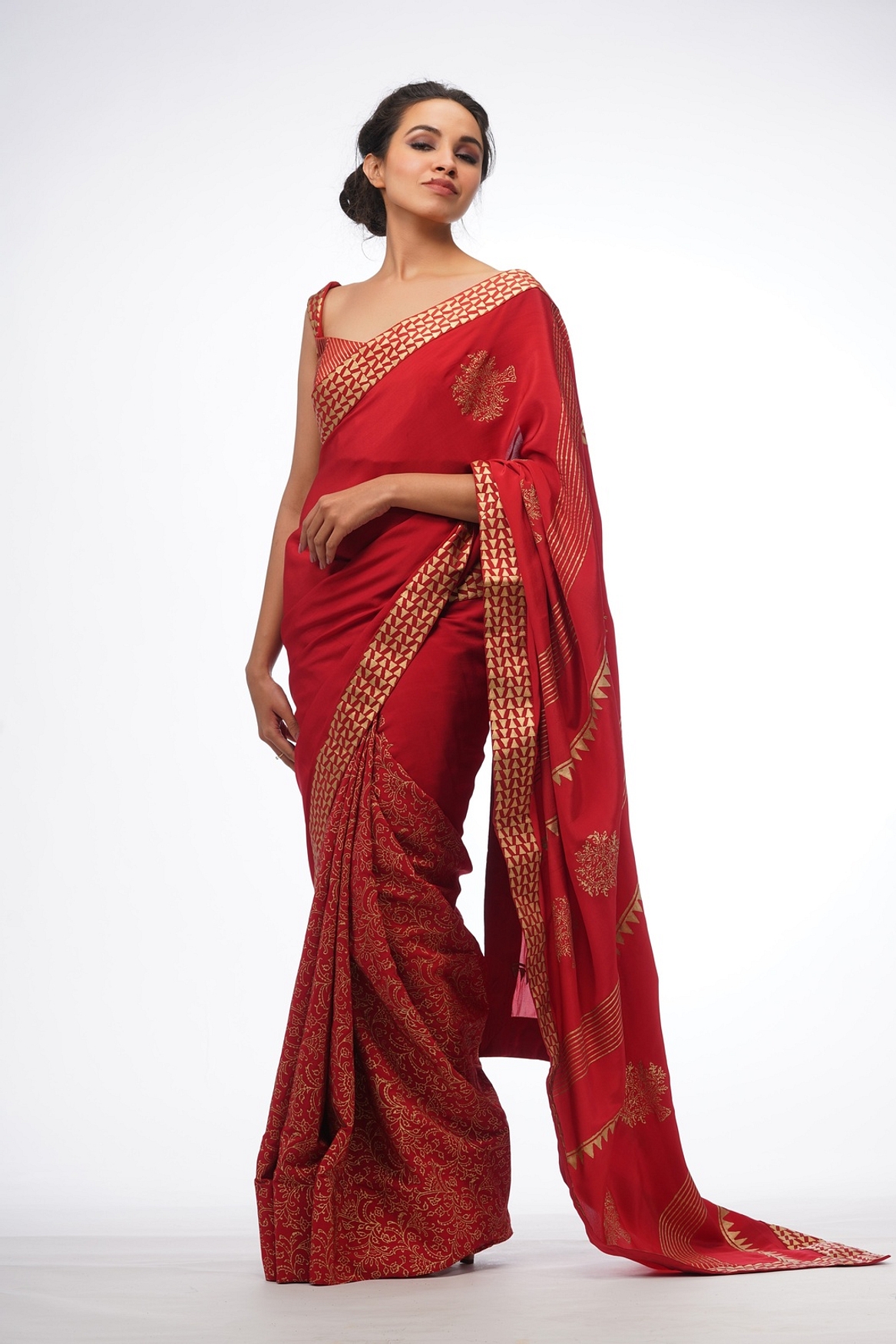 A model showcasing Half Half Crepe Saree Feature image by Shruti S Label from Shruti S Label's collection