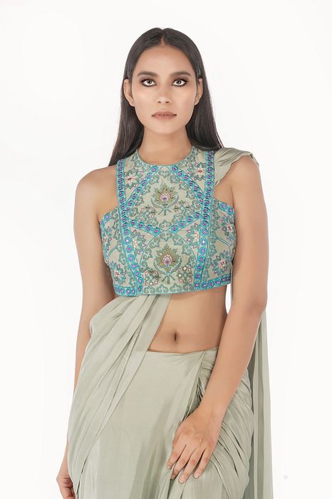 A model showcasing Racer Blouse With Draped Saree by Shruti S Label from Shruti S Label's collection