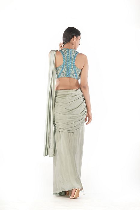 A model showcasing Racer Blouse With Draped Saree by Shruti S Label from Shruti S Label's collection