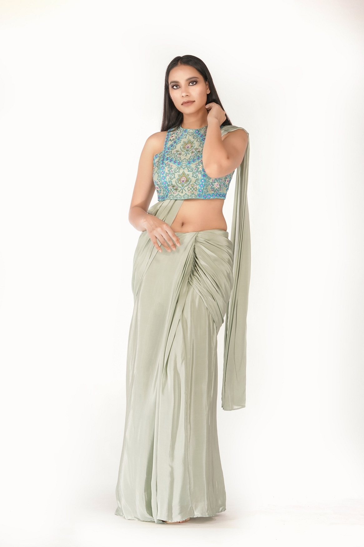 A model showcasing Racer Blouse With Draped Saree Feature image by Shruti S Label from Shruti S Label's collection