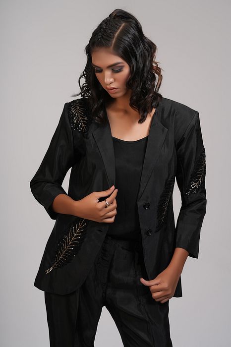 A model showcasing Black Embroidered Coord Set by Shruti S Label from Shruti S Label's collection