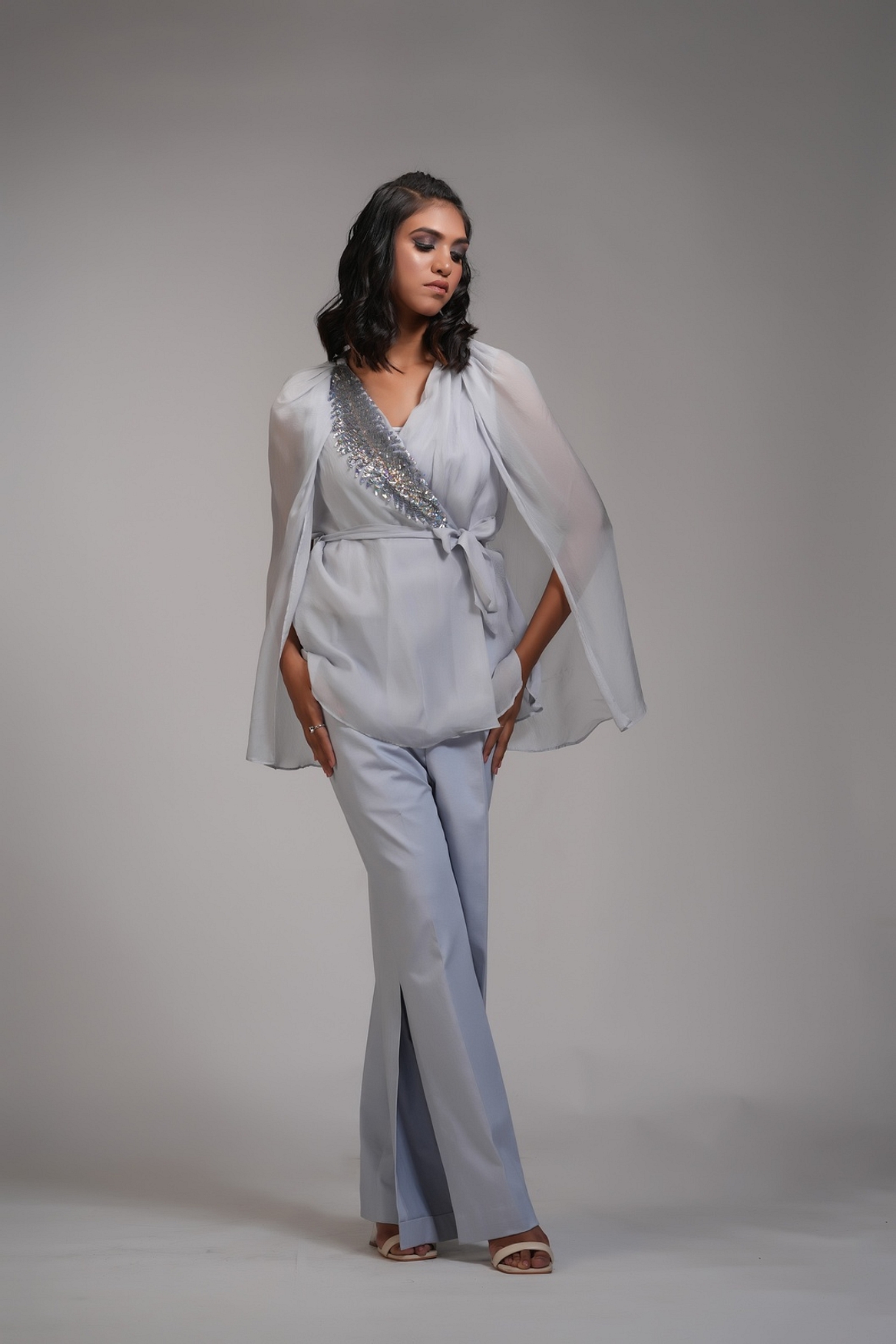 A model showcasing Grey Organza Coord Set With Embroidery And Drape Shoulders Feature image by Shruti S Label from Shruti S Label's collection