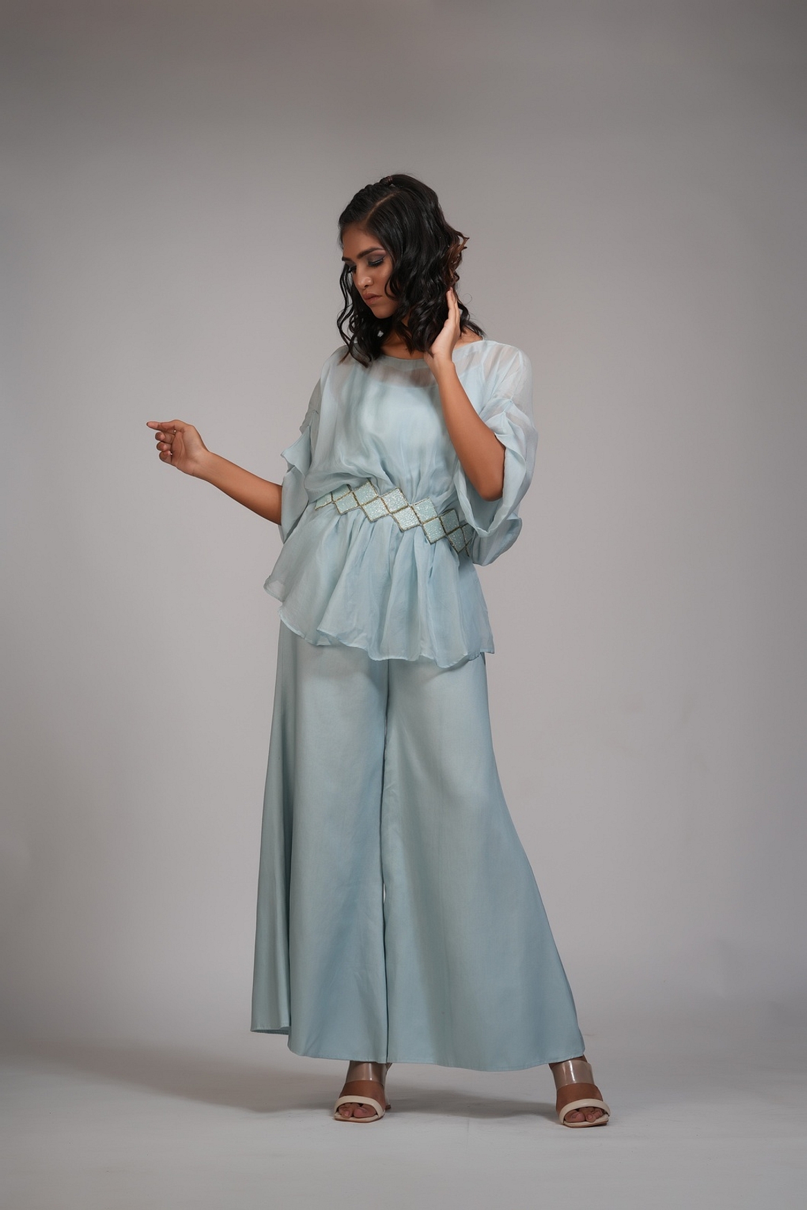 A model showcasing Powder Blue Organza Coord Set With Embroidered Belt Feature image by Shruti S Label from Shruti S Label's collection