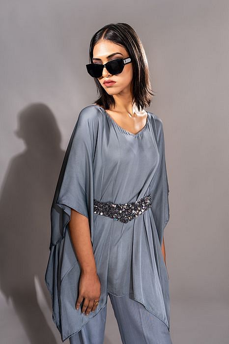 A model showcasing Kaftan Grey Coord Set by Shruti S Label from Shruti S Label's collection