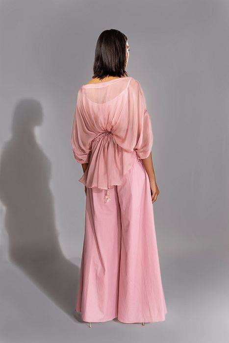 A model showcasing Pink Organza Coord Set With Embroidered Belt by Shruti S Label from Shruti S Label's collection