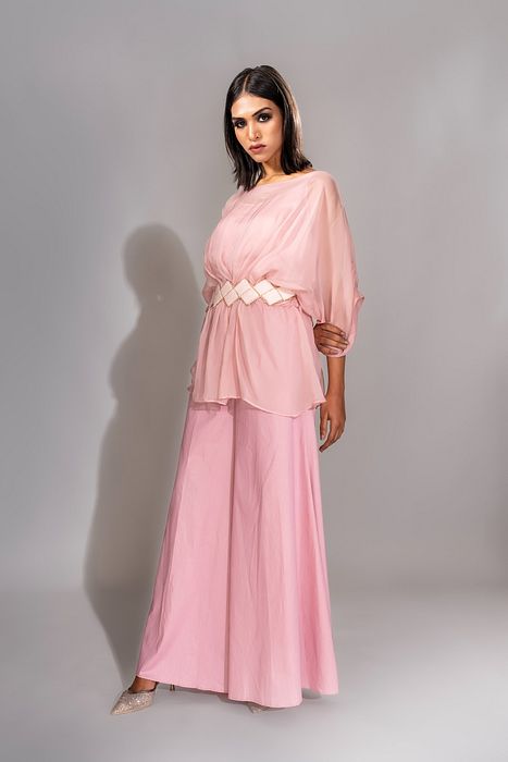 A model showcasing Pink Organza Coord Set With Embroidered Belt by Shruti S Label from Shruti S Label's collection