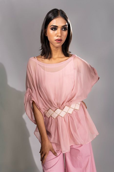 A model showcasing Pink Organza Coord Set With Embroidered Belt by Shruti S Label from Shruti S Label's collection