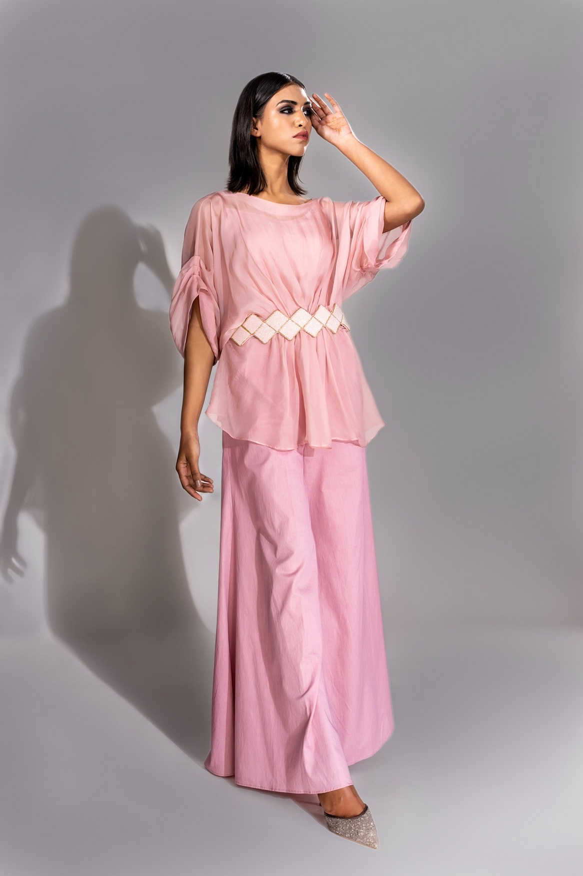 A model showcasing Pink Organza Coord Set With Embroidered Belt Feature image by Shruti S Label from Shruti S Label's collection