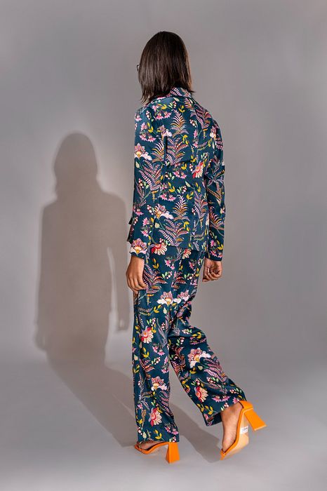 A model showcasing Printed Navy Blue Coord Set With Waist Tie by Shruti S Label from Shruti S Label's collection