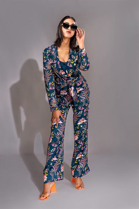 A model showcasing Printed Navy Blue Coord Set With Waist Tie by Shruti S Label from Shruti S Label's collection