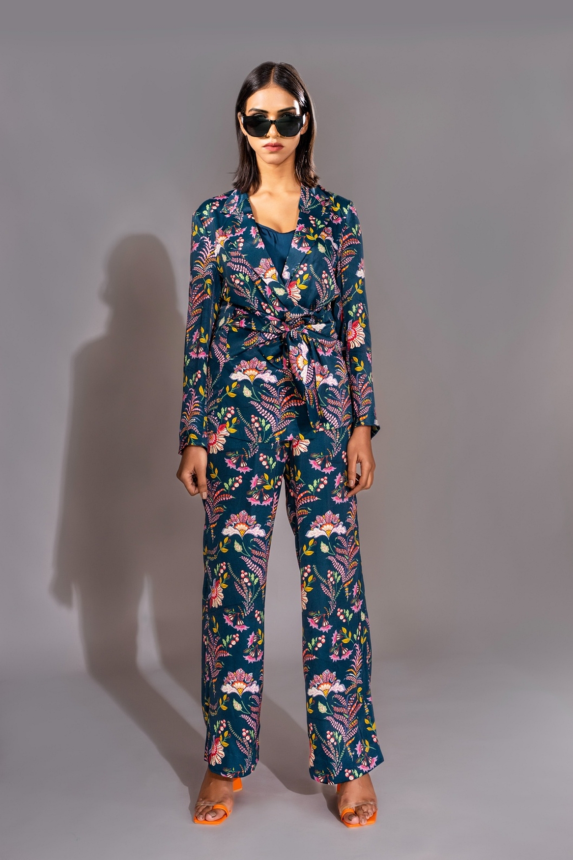 A model showcasing Printed Navy Blue Coord Set With Waist Tie Feature image by Shruti S Label from Shruti S Label's collection