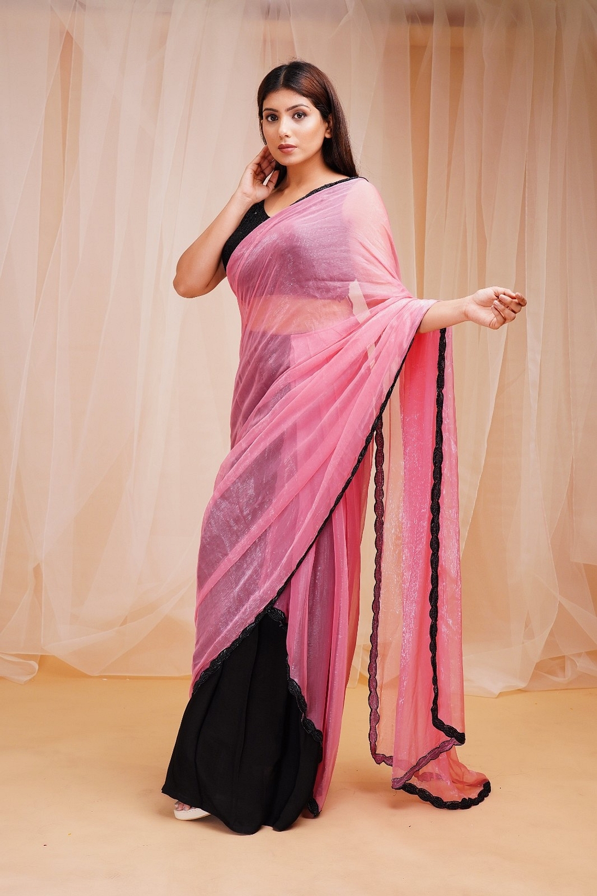 A model showcasing Rose Pink Jet Black Ready To Wear Drape Saree Feature image by Farha Syed from Farha Syed's collection