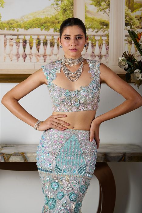 A model showcasing Daria Lehenga Set by Moledro from Moledro's collection