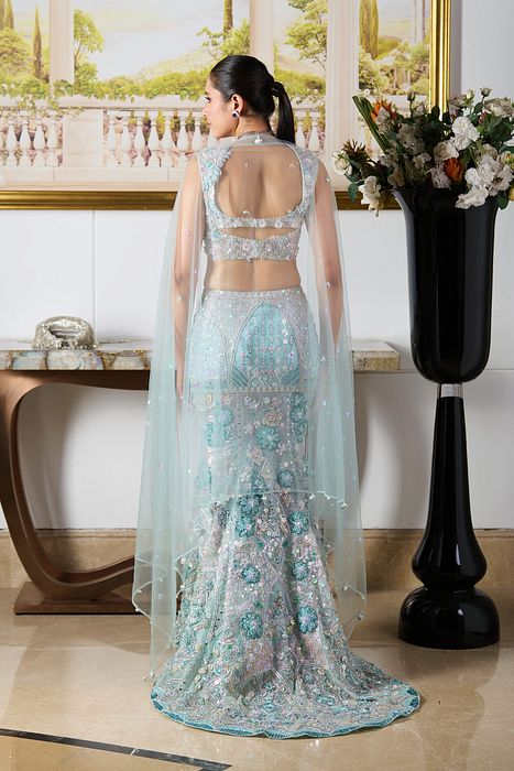 A model showcasing Daria Lehenga Set by Moledro from Moledro's collection