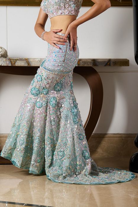 A model showcasing Daria Lehenga Set by Moledro from Moledro's collection