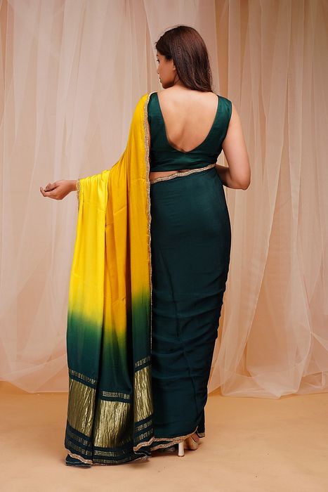A model showcasing Green And Yellow 4D Dyed Saree by Farha Syed from Farha Syed's collection A model showcasing Green And Yellow 4D Dyed Saree by Farha Syed from Farha Syed's collection