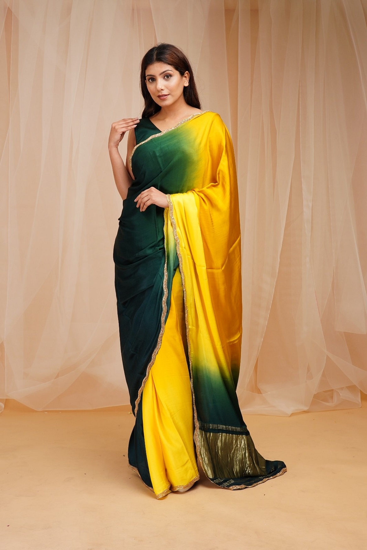 A model showcasing Green And Yellow 4D Dyed Saree Feature image by Farha Syed from Farha Syed's collection