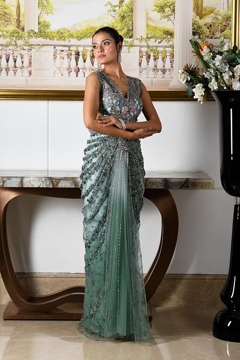 A model showcasing Masha Saree by Moledro from Moledro's collection