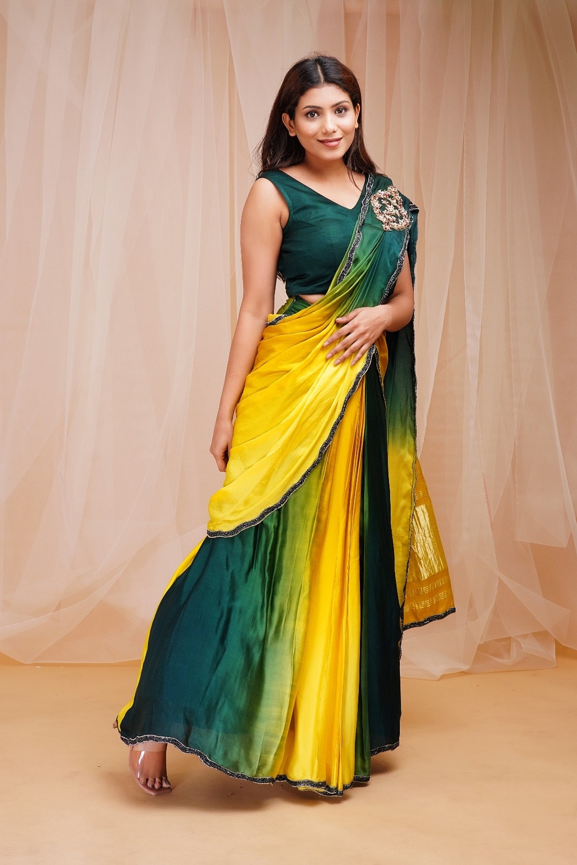 A model showcasing 4d Dyed Ready To Wear Drape Saree Feature image by Farha Syed from Farha Syed's collection