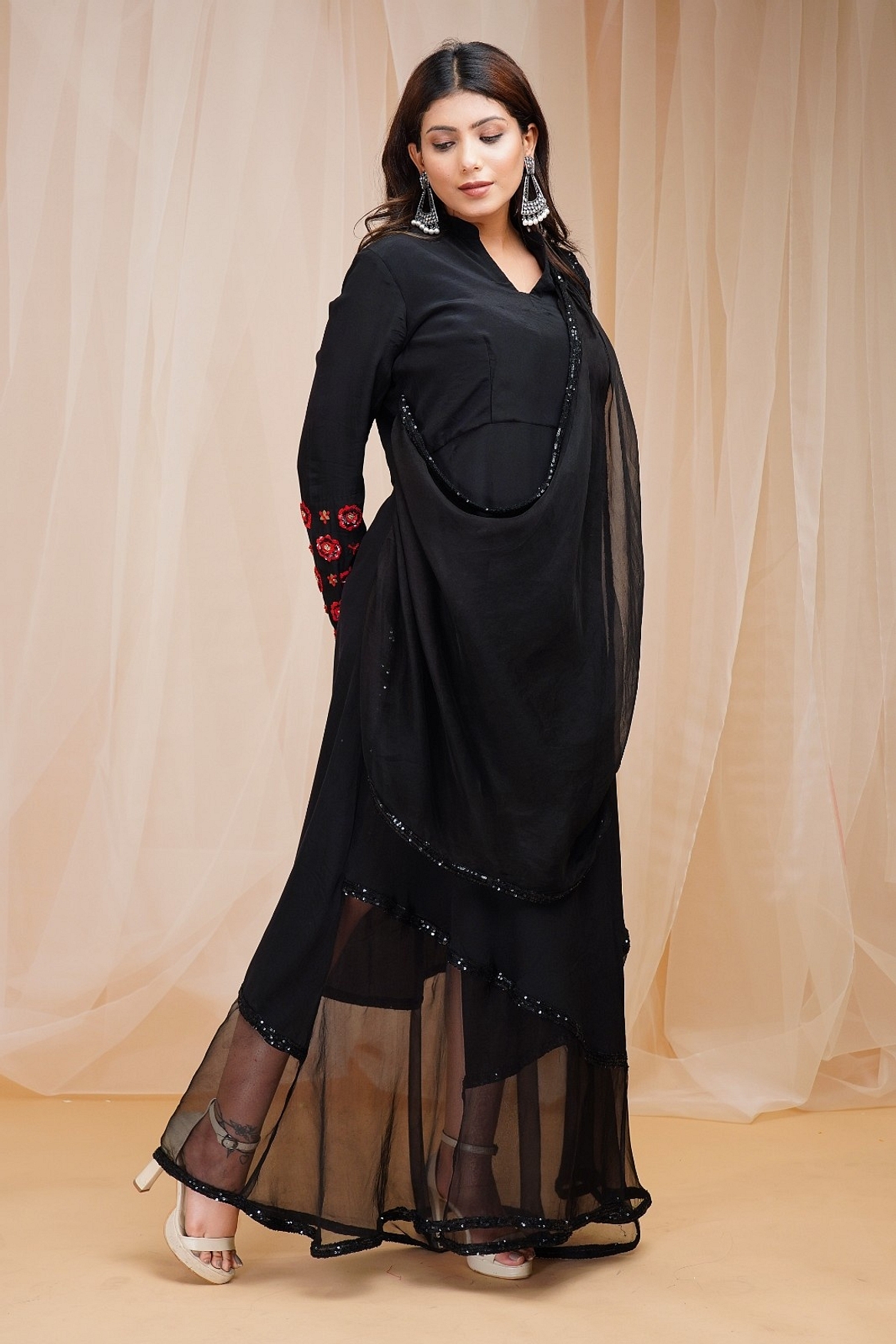 A model showcasing Jet Black Organza Drape Dress Feature image by Farha Syed from Farha Syed's collection