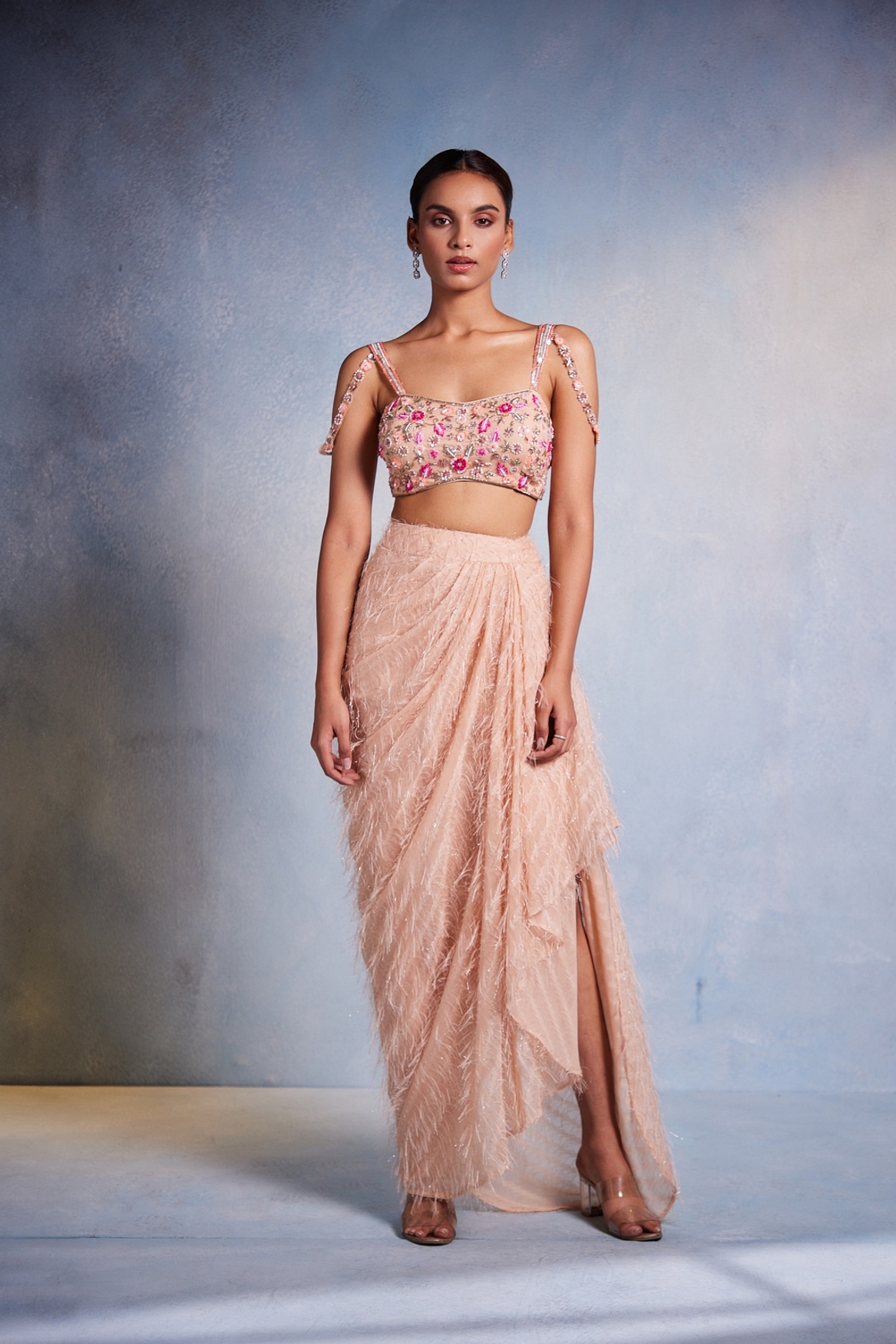 A model showcasing Poorna Dhoti Set Feature image by Muditaa By Urmila from Muditaa By Urmila's collection