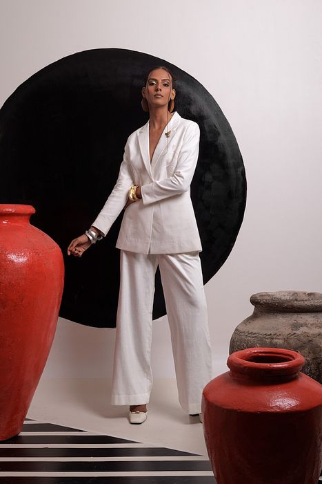 A model showcasing Ethereal Blazer Set by Nautanky from Nautanky's collection