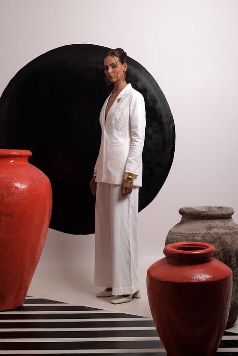 A model showcasing Ethereal Blazer Set by Nautanky from Nautanky's collection
