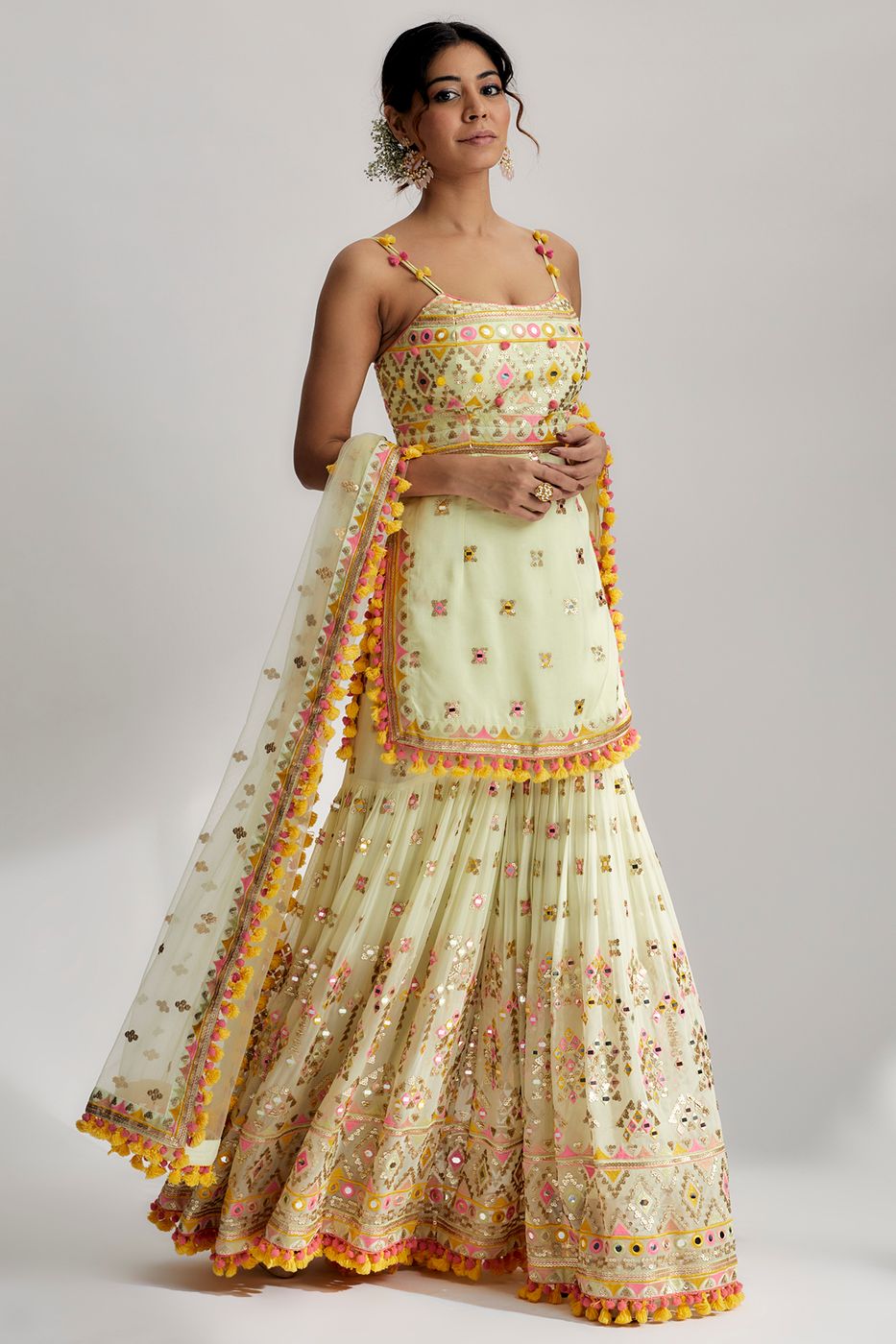 A model showcasing Mint Sonia Strappy Sharara Set Feature image by Gopi Vaid from Gopi Vaid's collection
