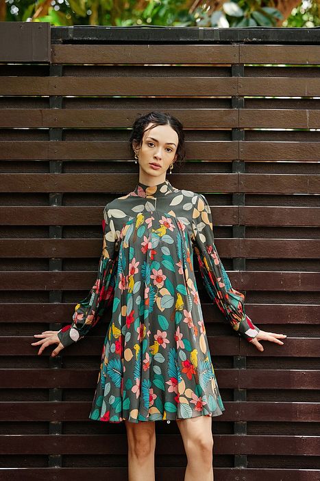 A model showcasing Exotica Flowey Dress by Nautanky from Nautanky's collection