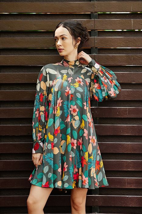 A model showcasing Exotica Flowey Dress by Nautanky from Nautanky's collection