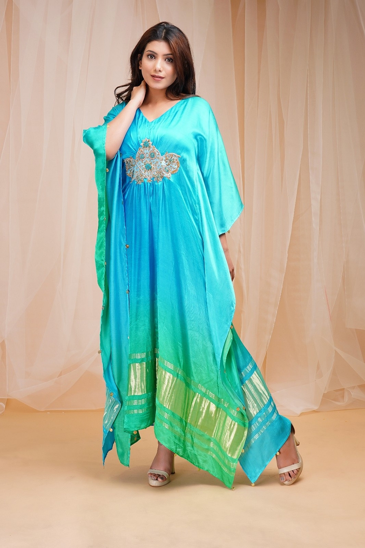 A model showcasing Bright Green Coral Blue Kaftaan Feature image by Farha Syed from Farha Syed's collection