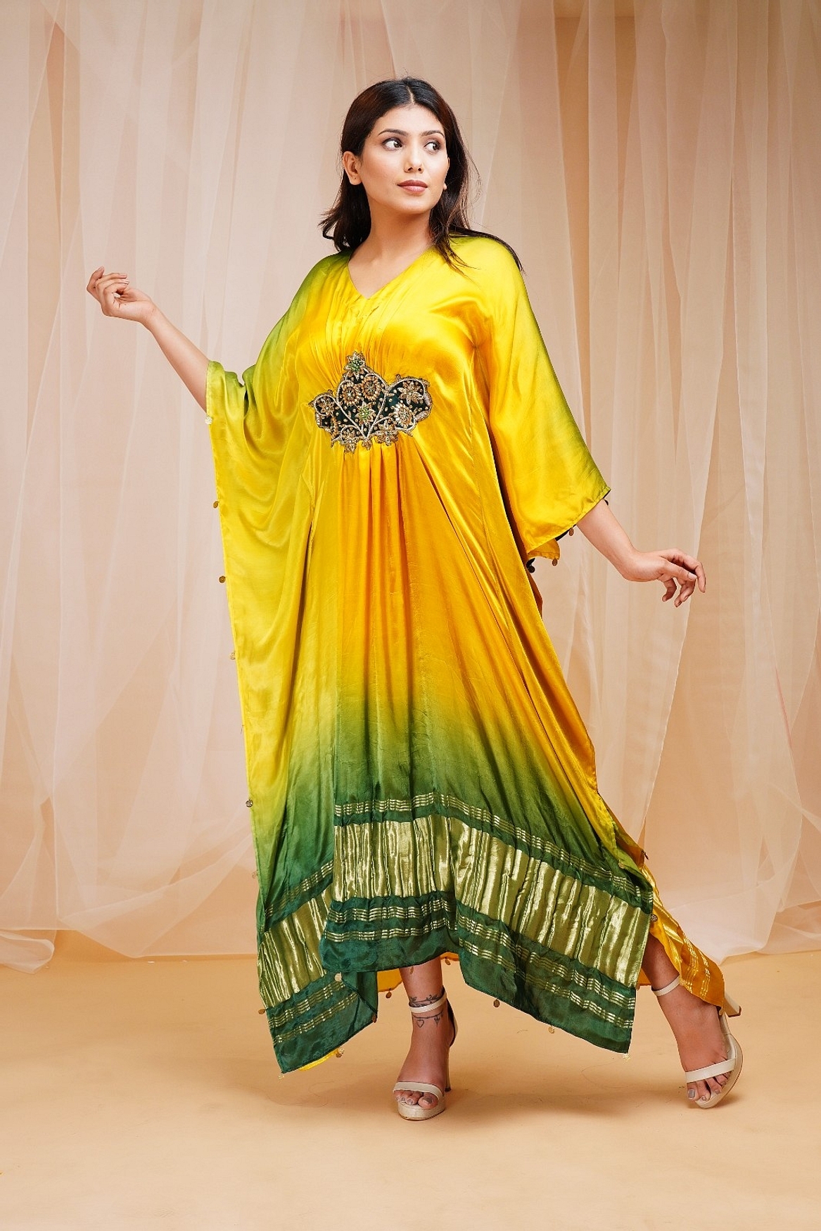 A model showcasing Bright Yellow Golf Green Shaded Kaftaan Feature image by Farha Syed from Farha Syed's collection