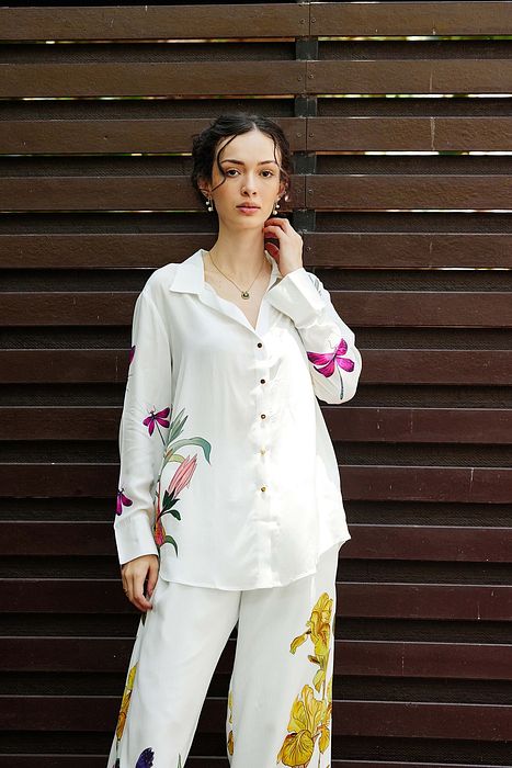 A model showcasing Blossom Shirt With Pants by Nautanky from Nautanky's collection