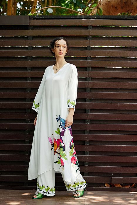 A model showcasing Grace Kurta With Pants by Nautanky from Nautanky's collection