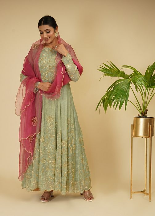 A model showcasing 2 Piece Anarkali With Dupatta by Farha Syed from Farha Syed's collection