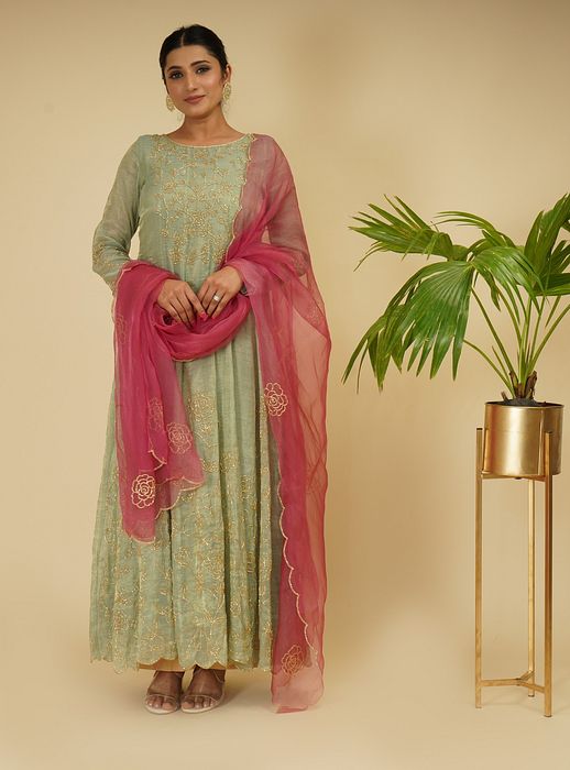 A model showcasing 2 Piece Anarkali With Dupatta by Farha Syed from Farha Syed's collection