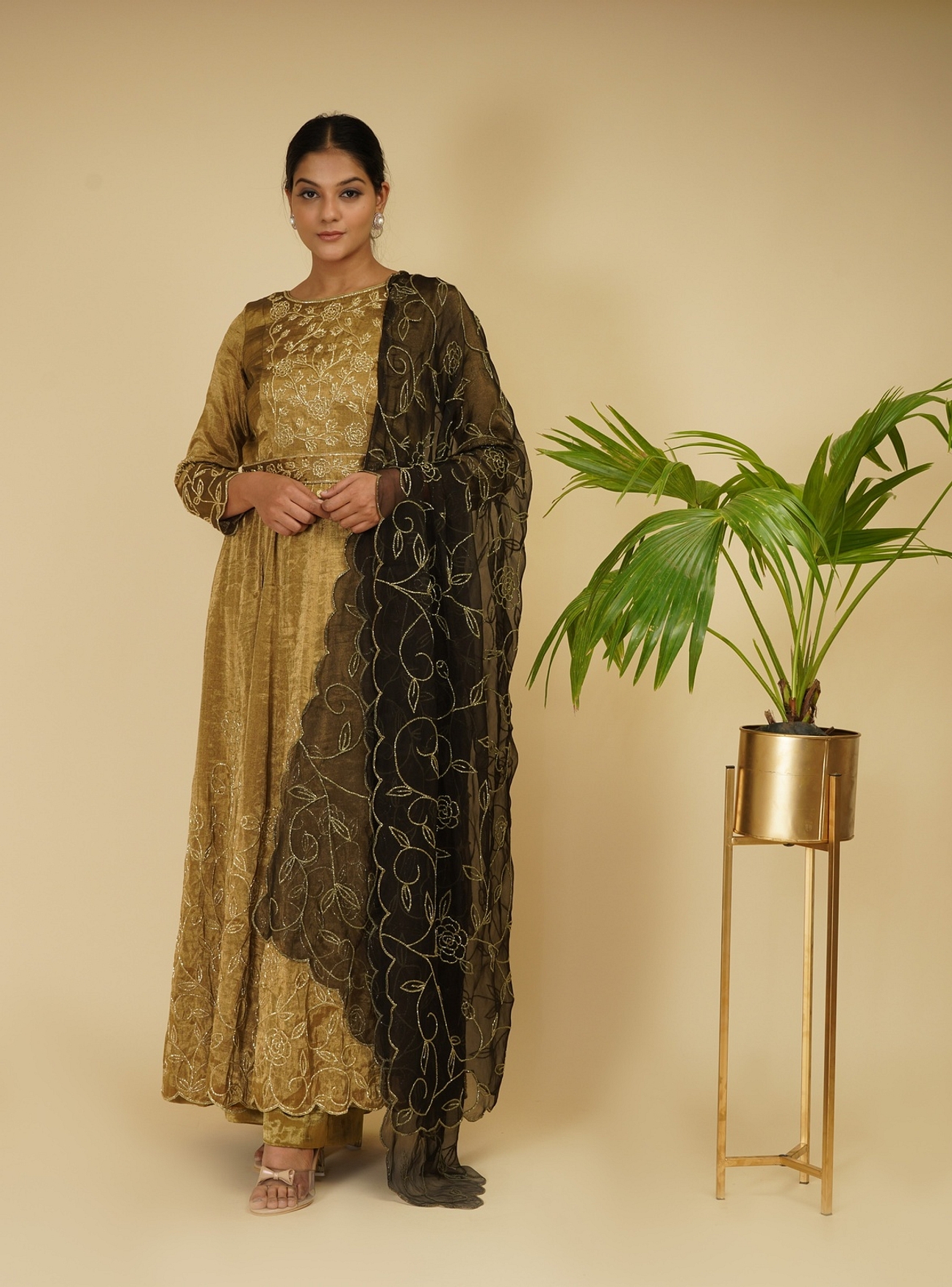 A model showcasing 2 Piece Golden Anarkali With Dupatta Feature image by Farha Syed from Farha Syed's collection